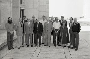 Ursula Bellugi (third from right) stands among her peers in the Courtyard of the Salk Institute, 1984.