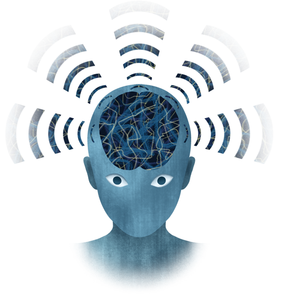 Person with brain waves emitting from head